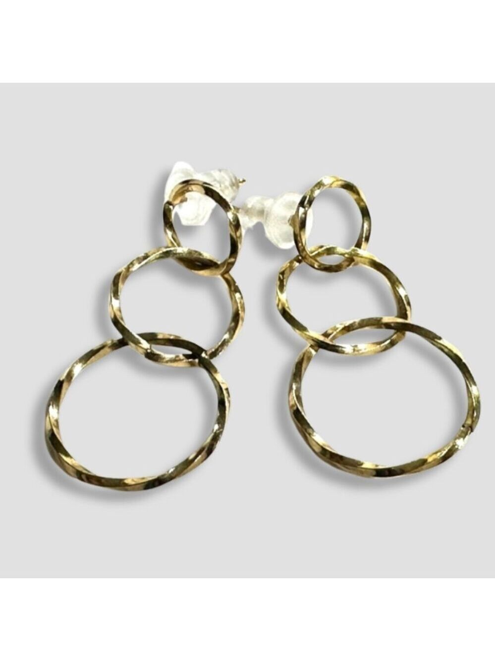 Hammered Drop Earrings Triple Linked Open Circle Hoops Post Back Closure Gold OS
